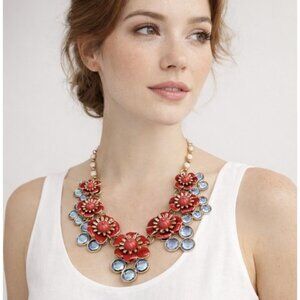 Talbots Gold Tone Spring Flower Garden Red Blue Coral Bib Statement Necklace